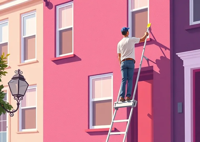 Peintre sur échafaudage traitant la façade d'une maison